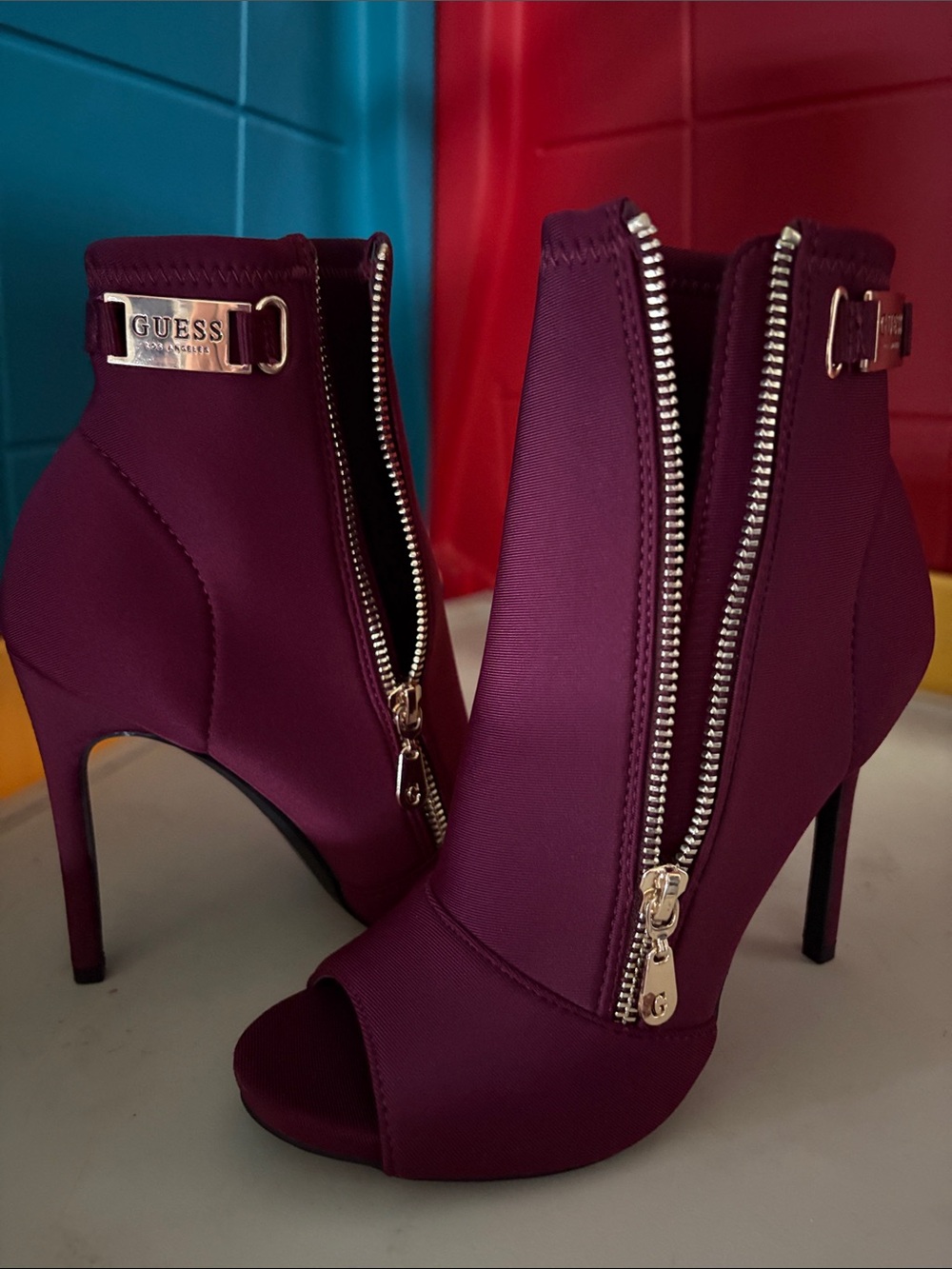 GUESS Plum Open-Toe Zip Stiletto Ankle Boots